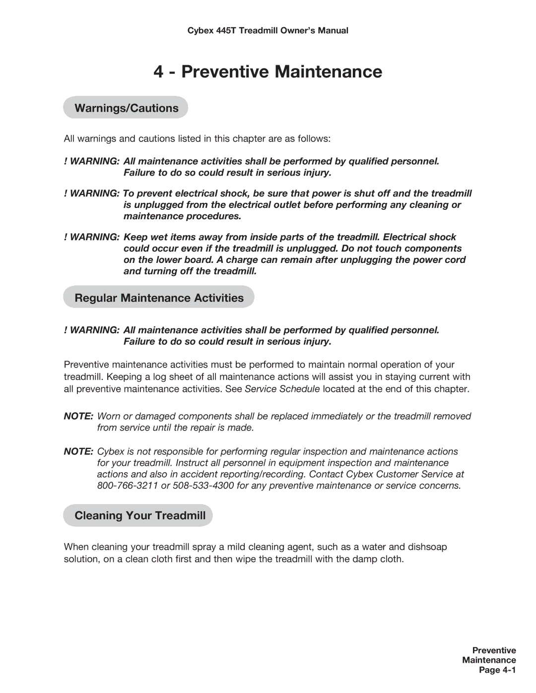 Cybex International CX-445T manual Regular Maintenance Activities, Cleaning Your Treadmill 