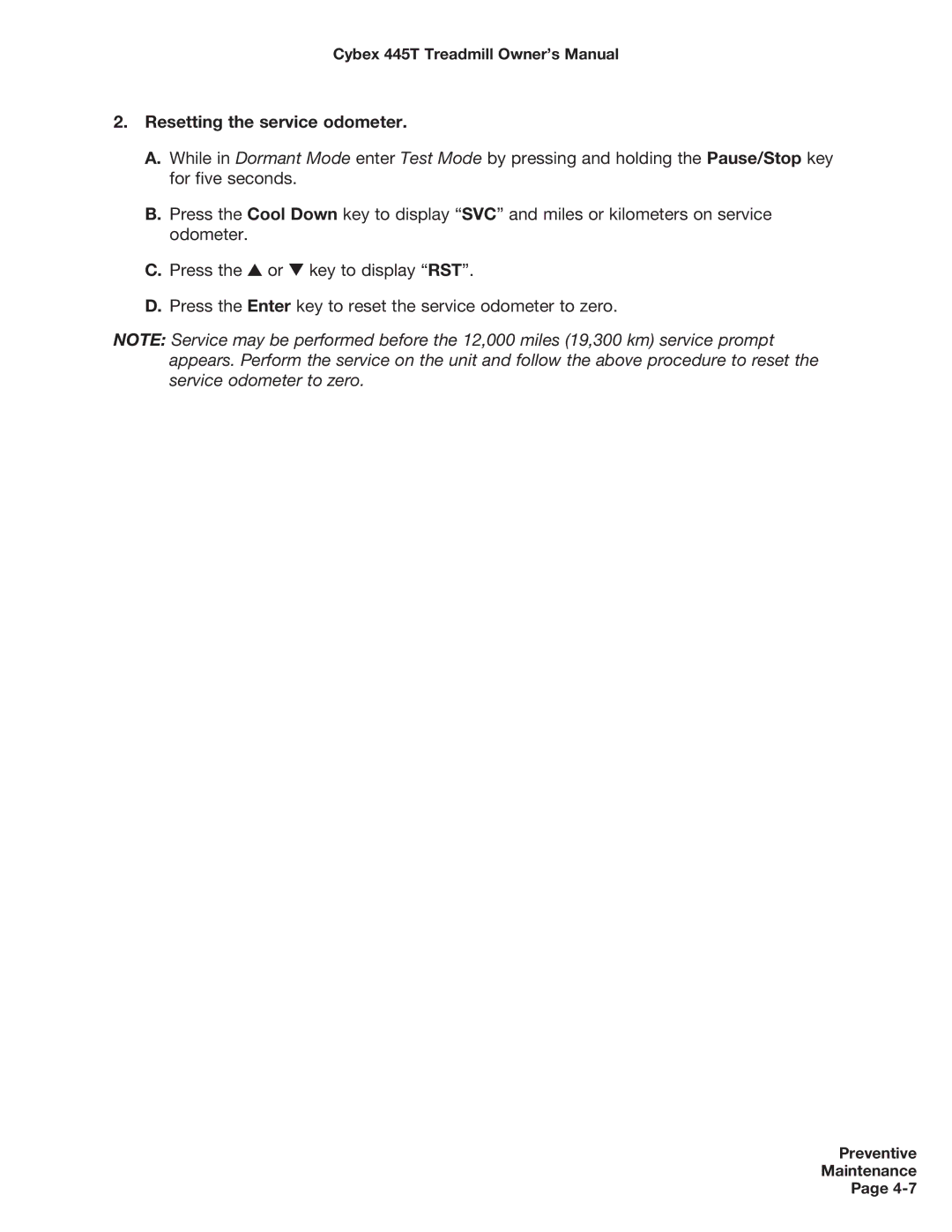 Cybex International CX-445T manual Resetting the service odometer 