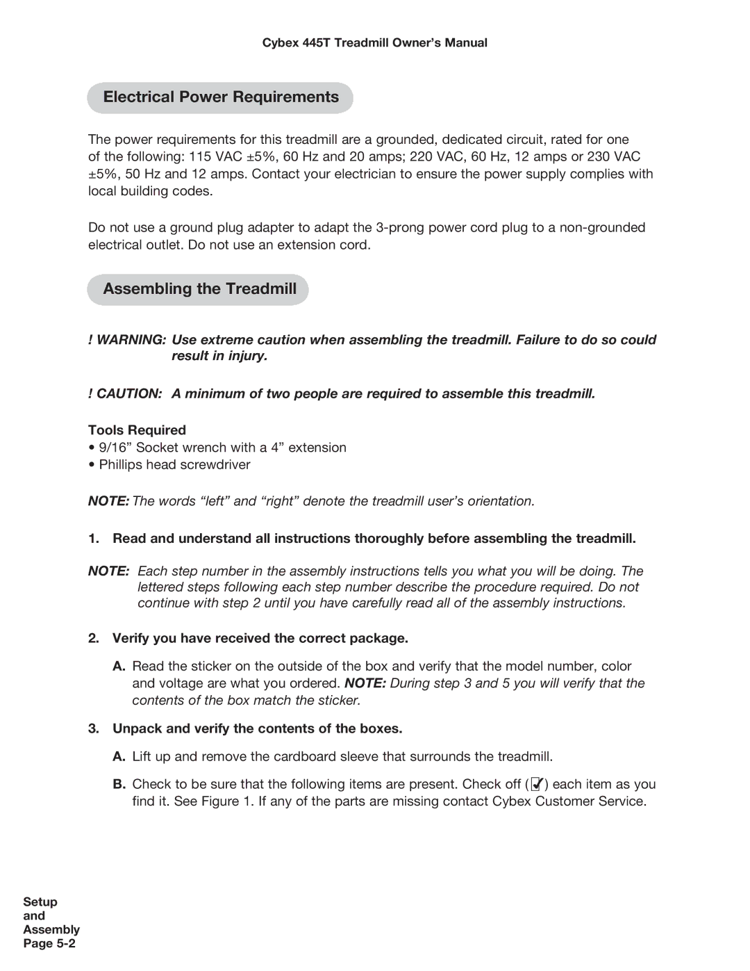 Cybex International CX-445T manual Electrical Power Requirements, Assembling the Treadmill 