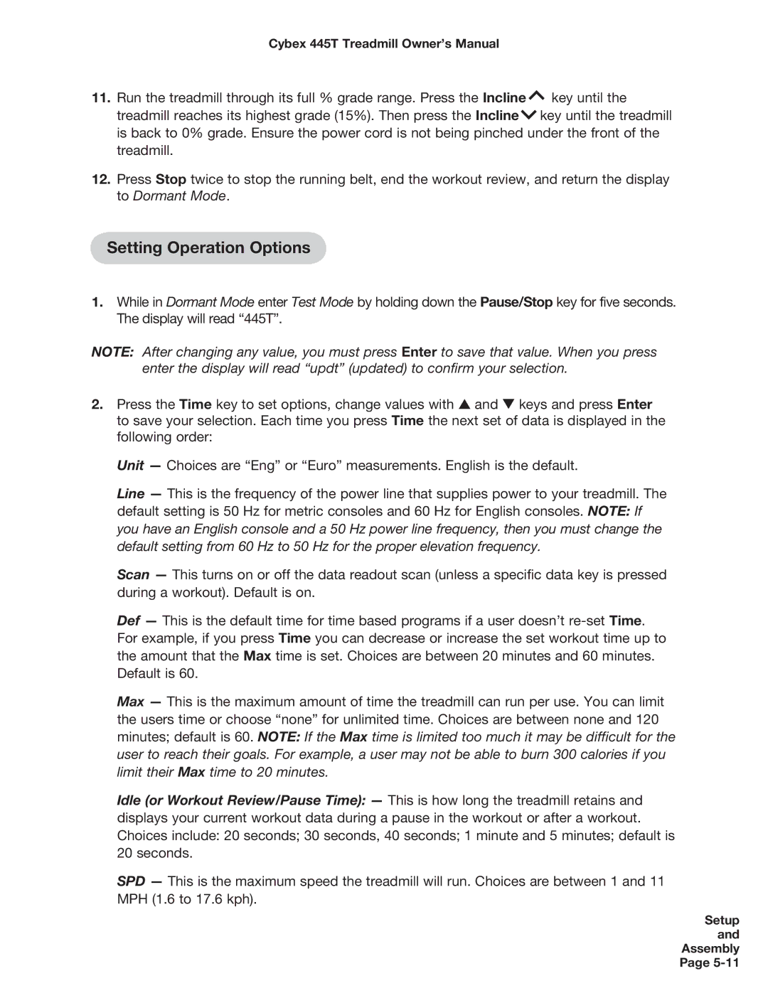 Cybex International CX-445T manual Setting Operation Options 