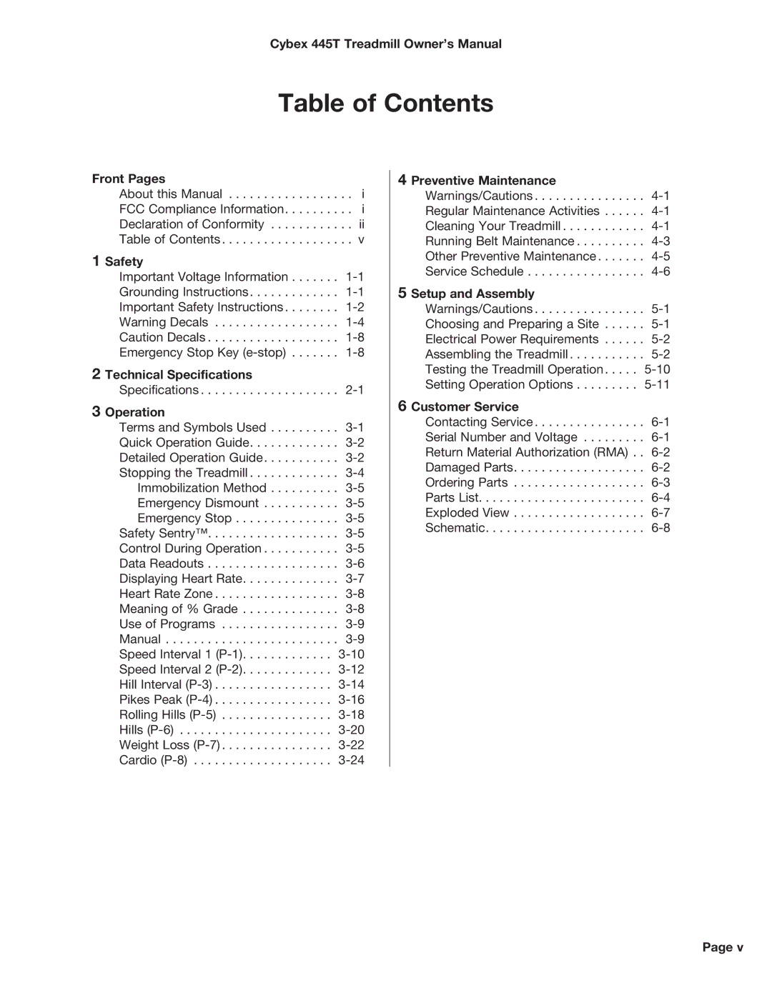 Cybex International CX-445T manual Table of Contents 