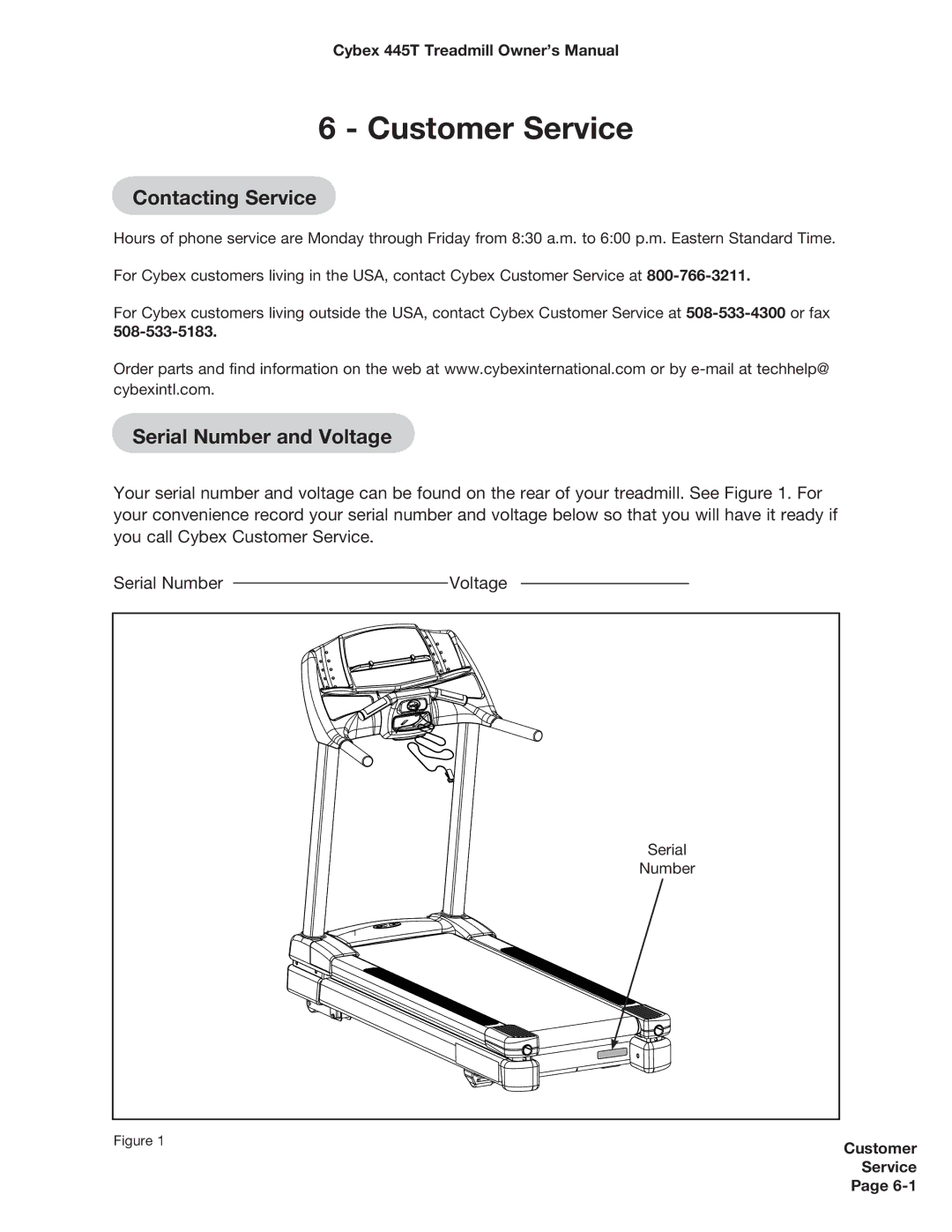 Cybex International CX-445T manual Contacting Service, Serial Number and Voltage 