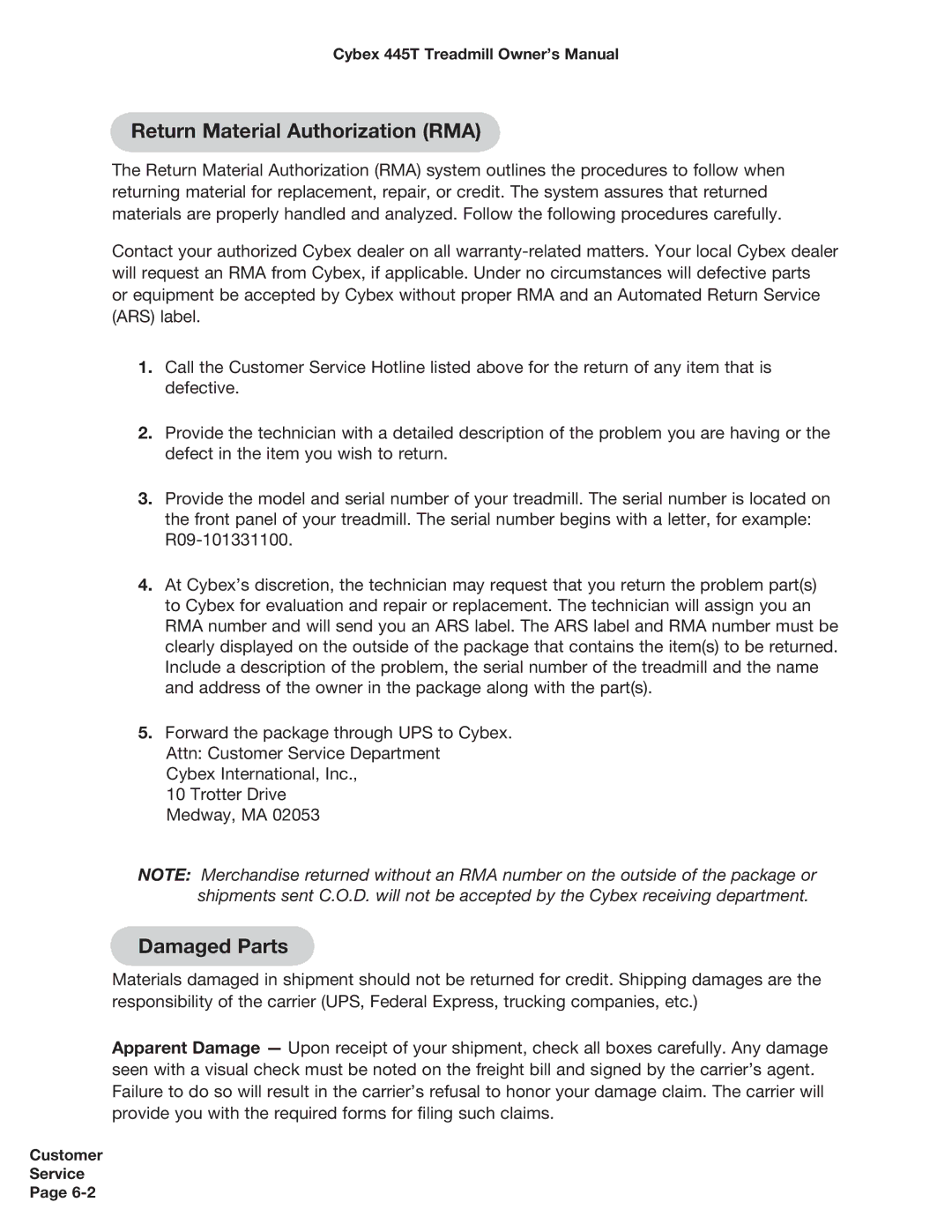 Cybex International CX-445T manual Return Material Authorization RMA, Damaged Parts 