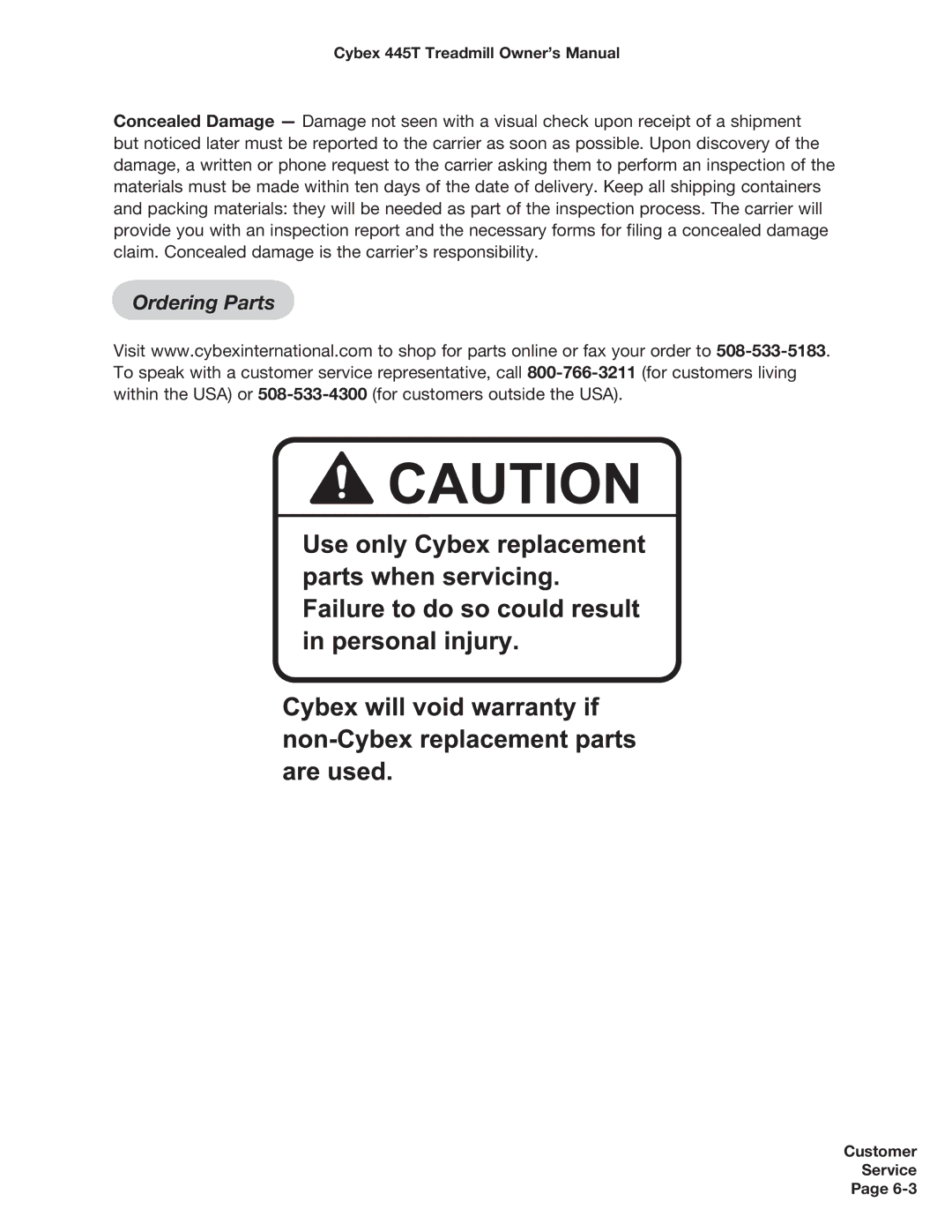 Cybex International CX-445T manual Ordering Parts 