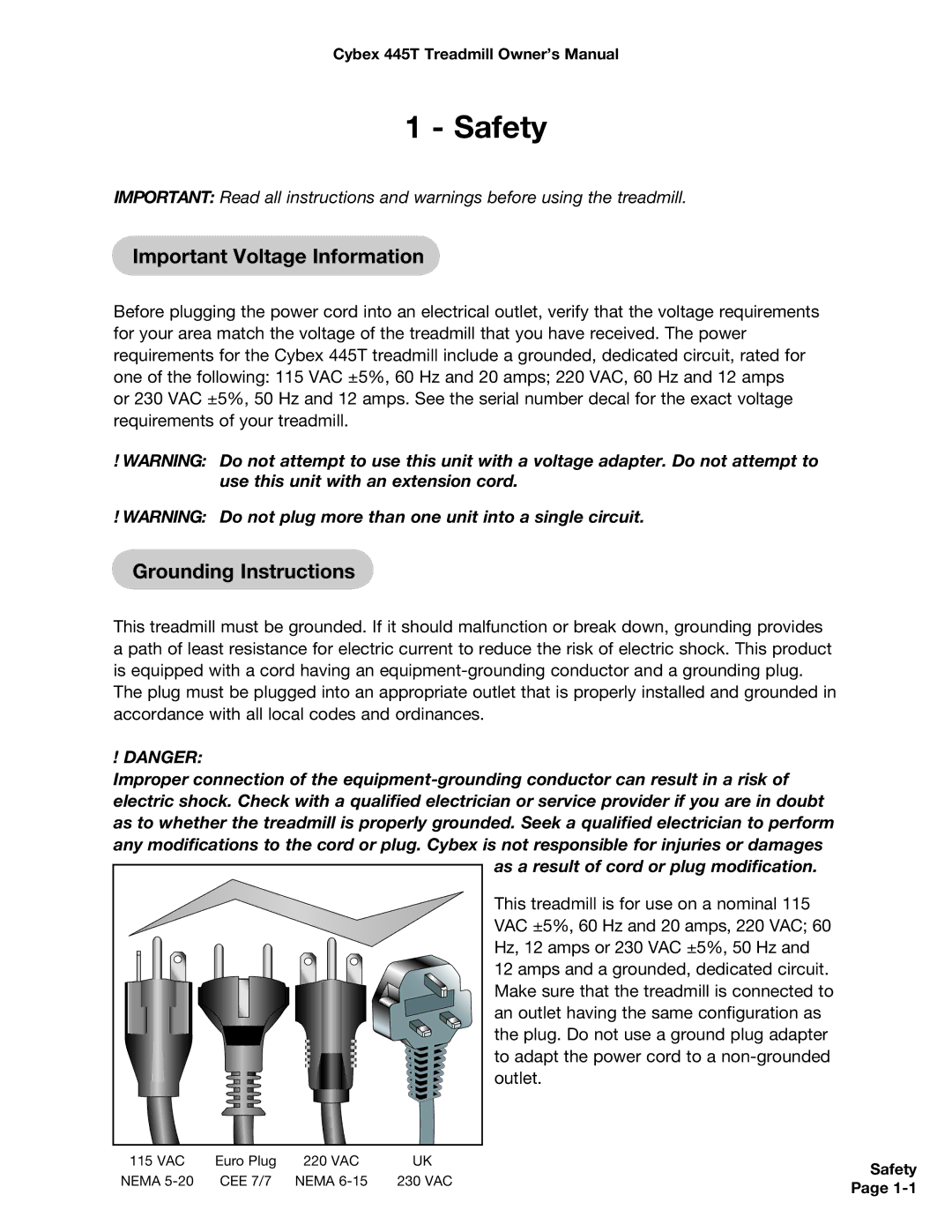 Cybex International CX-445T manual Important Voltage Information, Grounding Instructions 