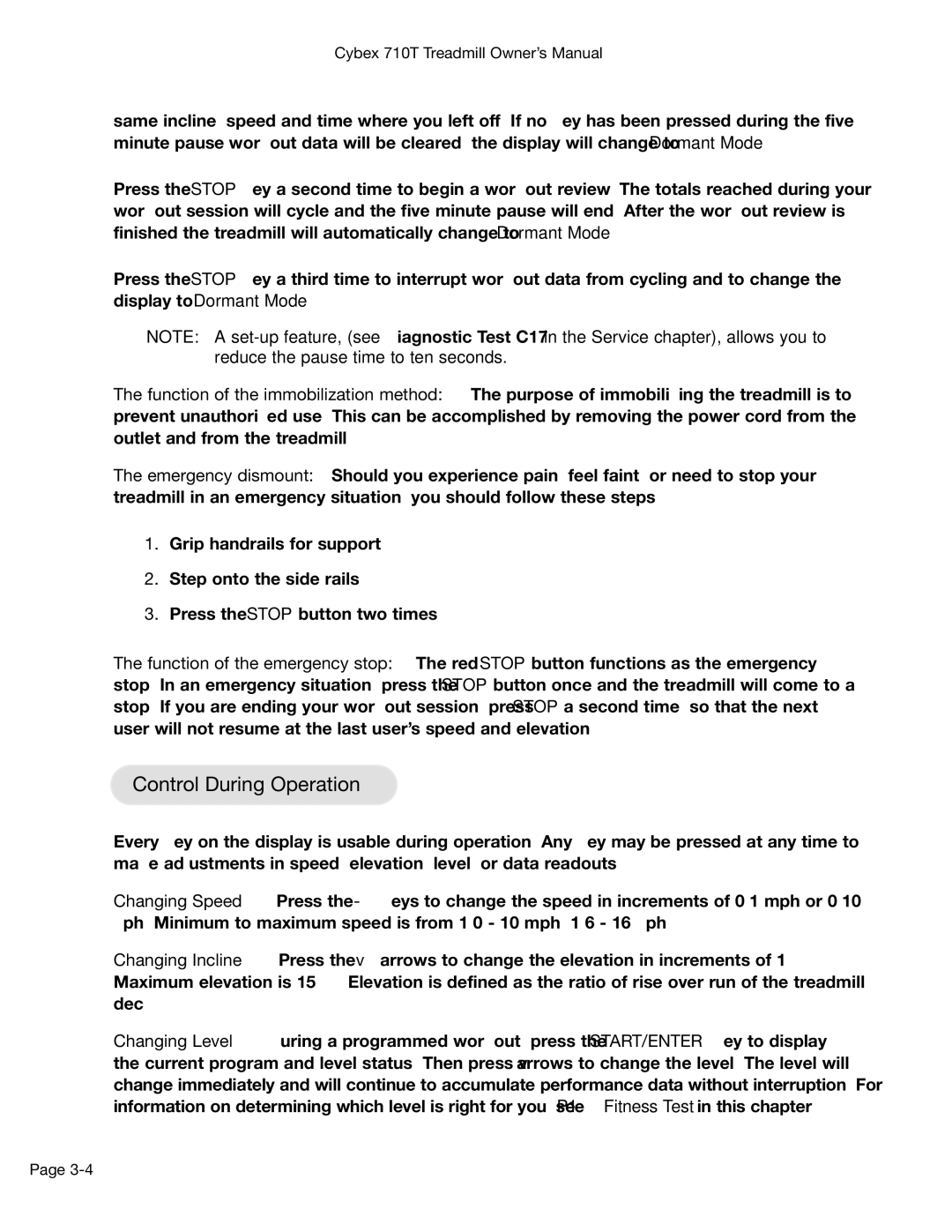 Cybex International 710T, LT-14464-4 Rev H manual Control During Operation 