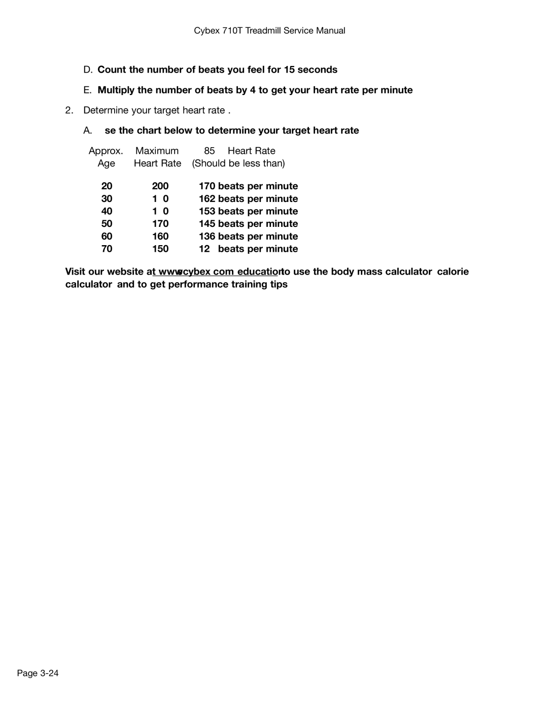 Cybex International 710T, LT-14464-4 Rev H manual Determine your target heart rate, Approx Maximum 85% Heart Rate Age 