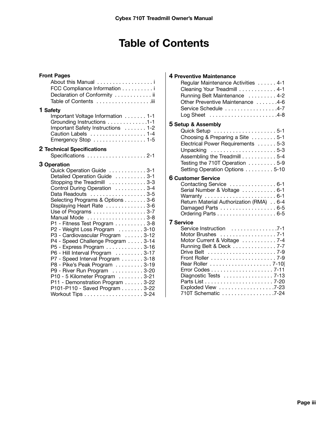 Cybex International LT-14464-4 Rev H, 710T manual Table of Contents 