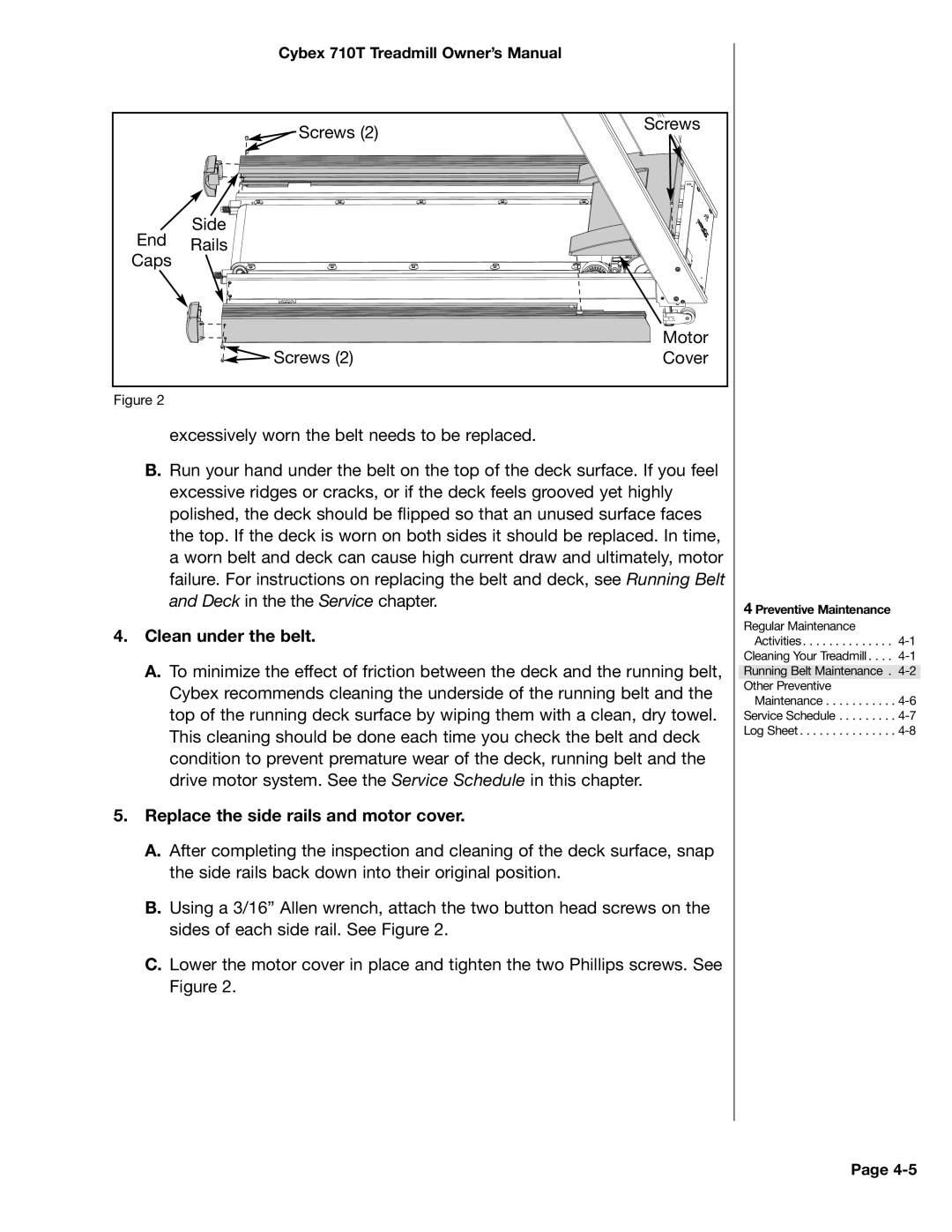 Cybex International LT-14464-4 Rev H, 710T manual Clean under the belt, Replace the side rails and motor cover 