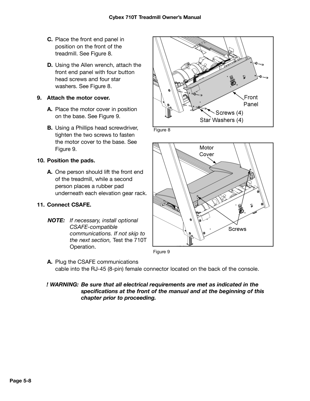 Cybex International 710T, LT-14464-4 Rev H manual Attach the motor cover, Position the pads, Connect Csafe 