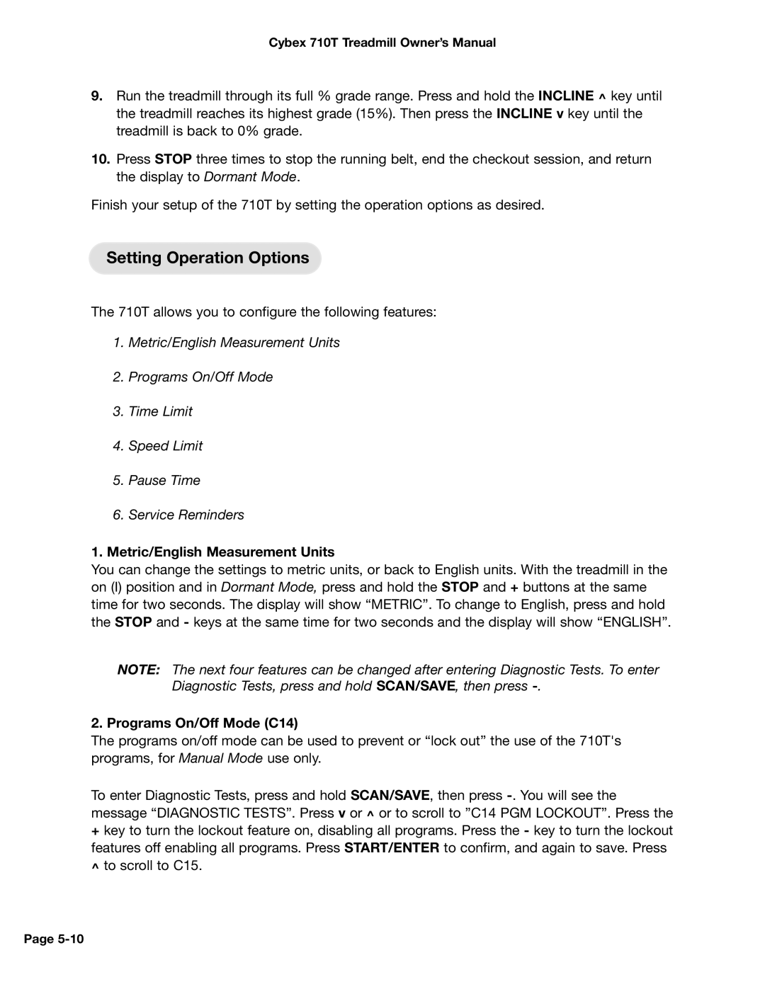 Cybex International 710T manual Setting Operation Options, Metric/English Measurement Units, Programs On/Off Mode C14 