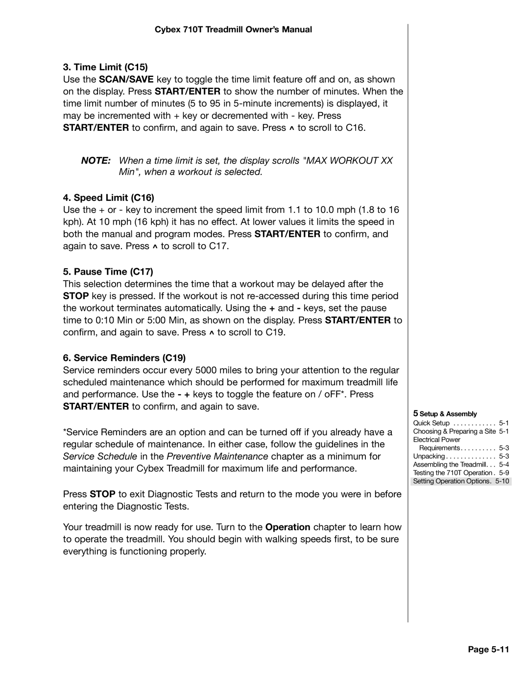 Cybex International LT-14464-4 Rev H, 710T manual Time Limit C15, Speed Limit C16, Pause Time C17, Service Reminders C19 