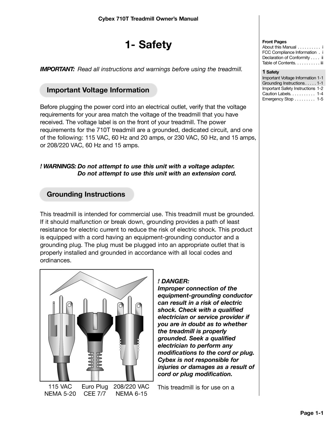 Cybex International LT-14464-4 Rev H, 710T manual Important Voltage Information, Grounding Instructions 