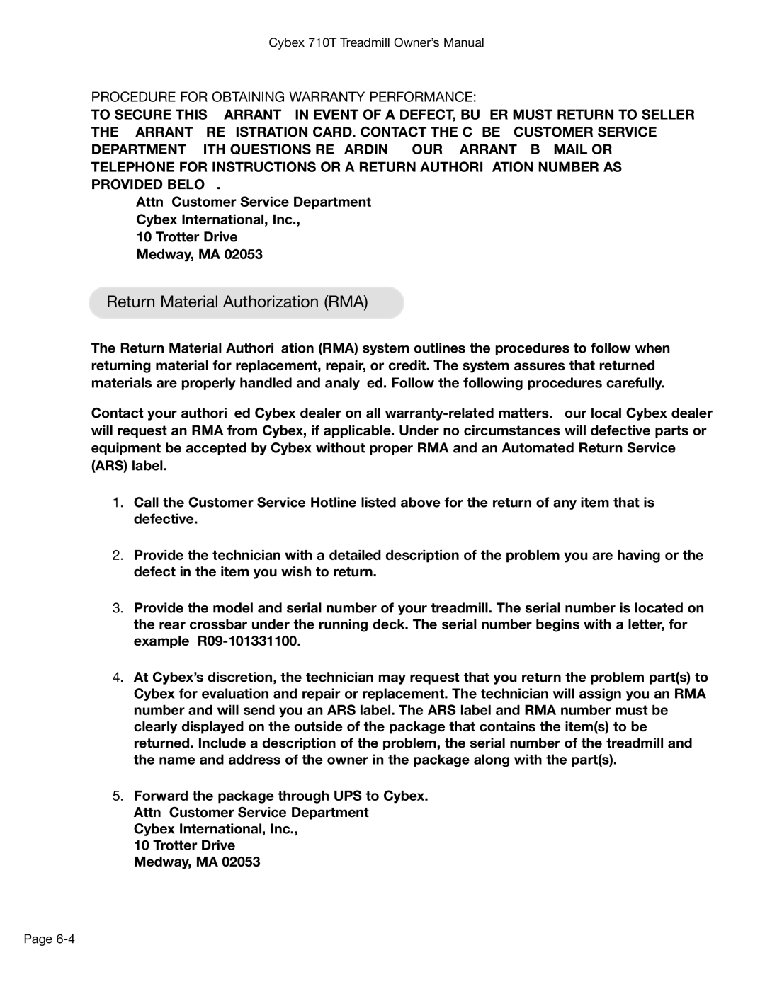 Cybex International 710T, LT-14464-4 Rev H Return Material Authorization RMA, Procedure for Obtaining Warranty Performance 