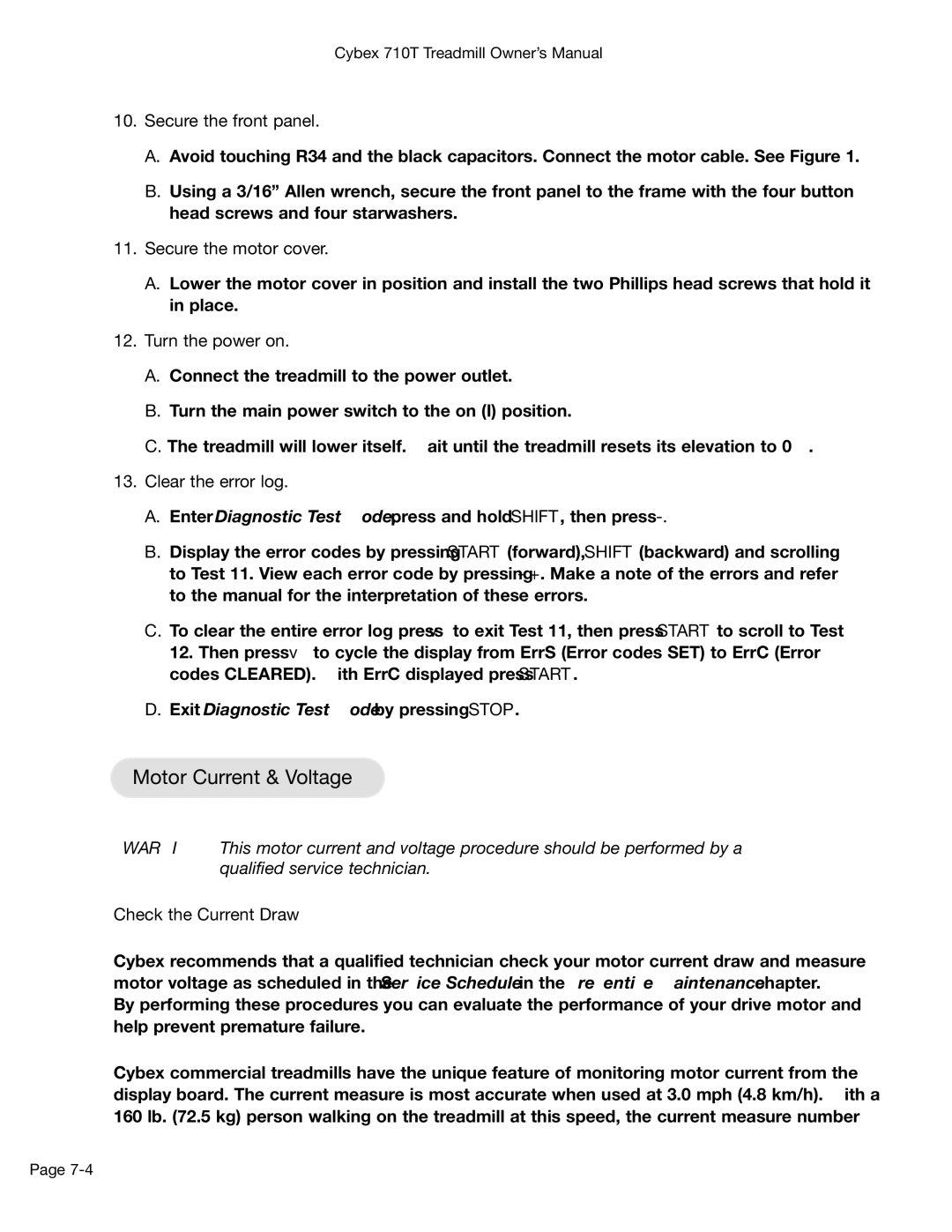 Cybex International 710T Motor Current & Voltage, Secure the front panel, Secure the motor cover, Clear the error log 