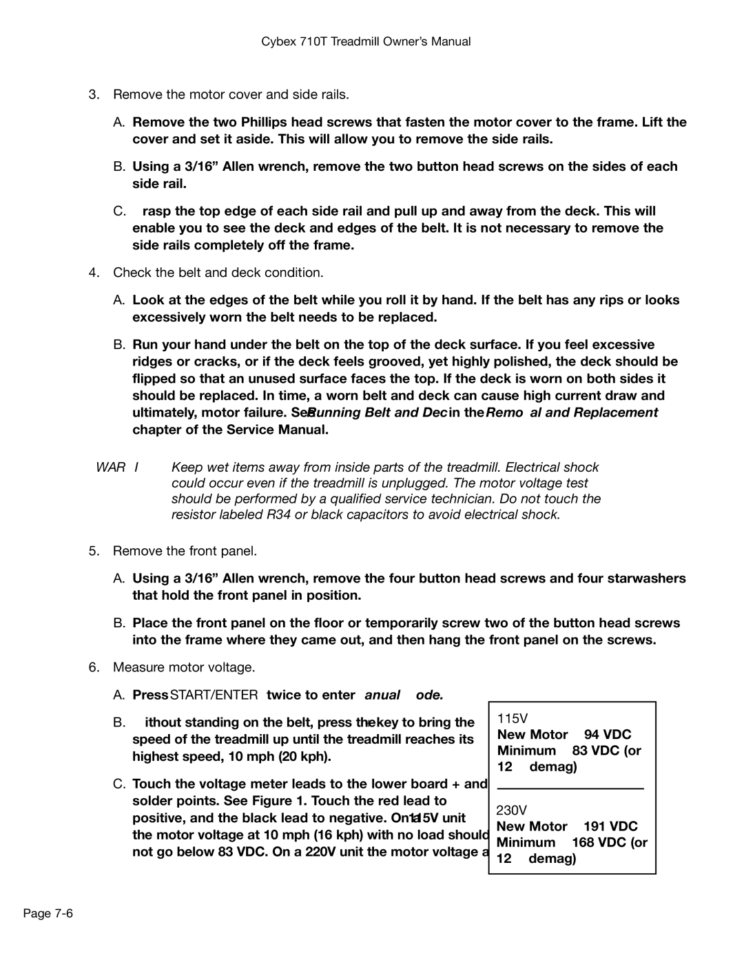 Cybex International 710T, LT-14464-4 Rev H manual Remove the front panel, Measure motor voltage, 115V, 230V 