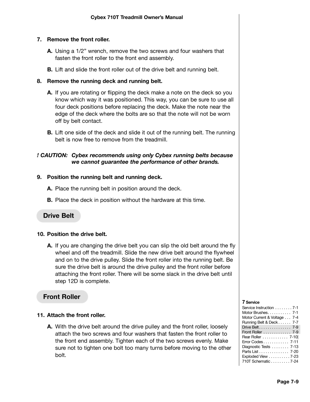 Cybex International LT-14464-4 Rev H, 710T manual Drive Belt, Front Roller 