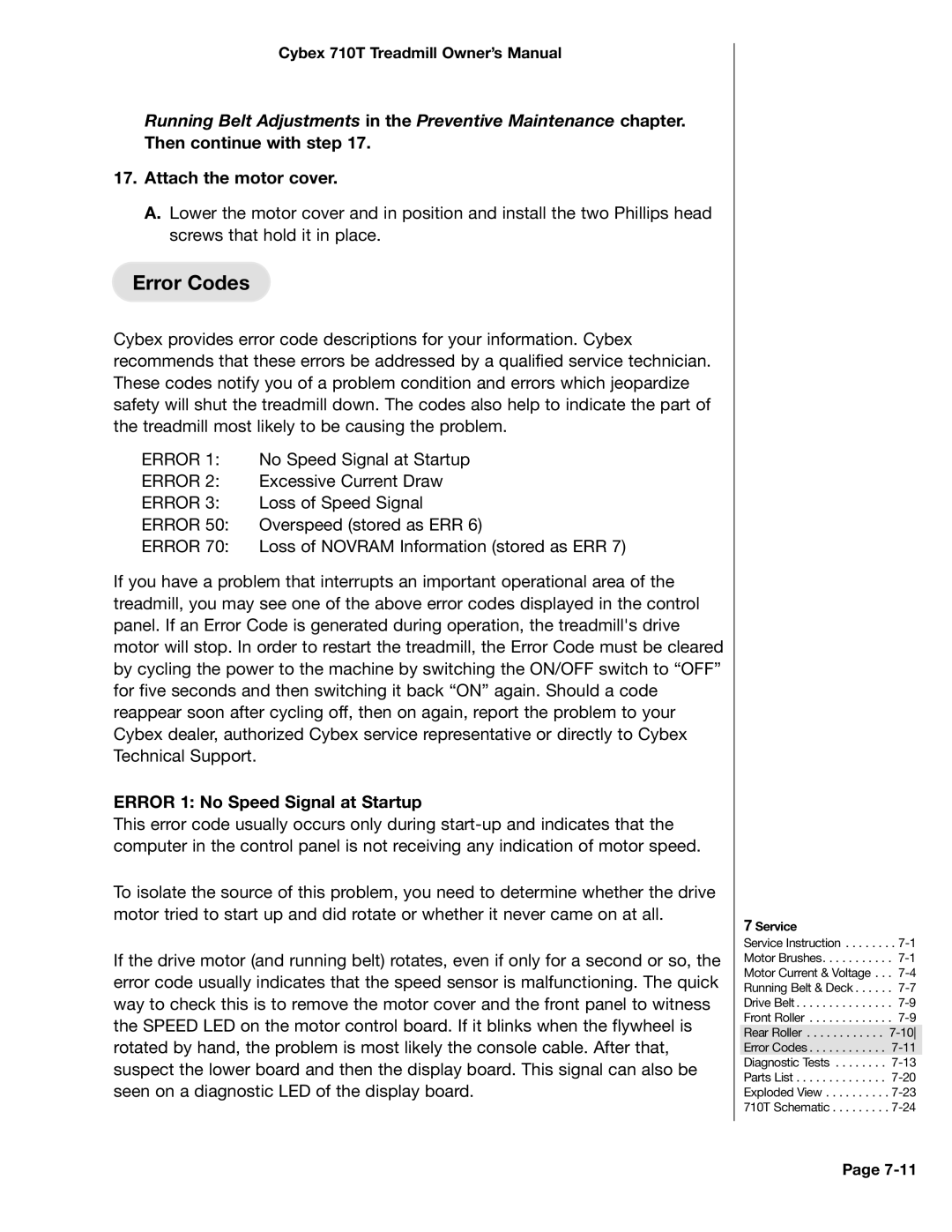 Cybex International LT-14464-4 Rev H, 710T manual Error Codes, Error 1 No Speed Signal at Startup 