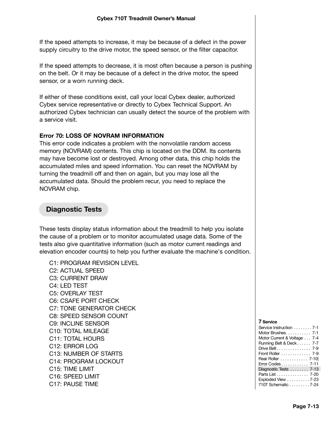 Cybex International LT-14464-4 Rev H, 710T manual Diagnostic Tests, Error 70 Loss of Novram Information 