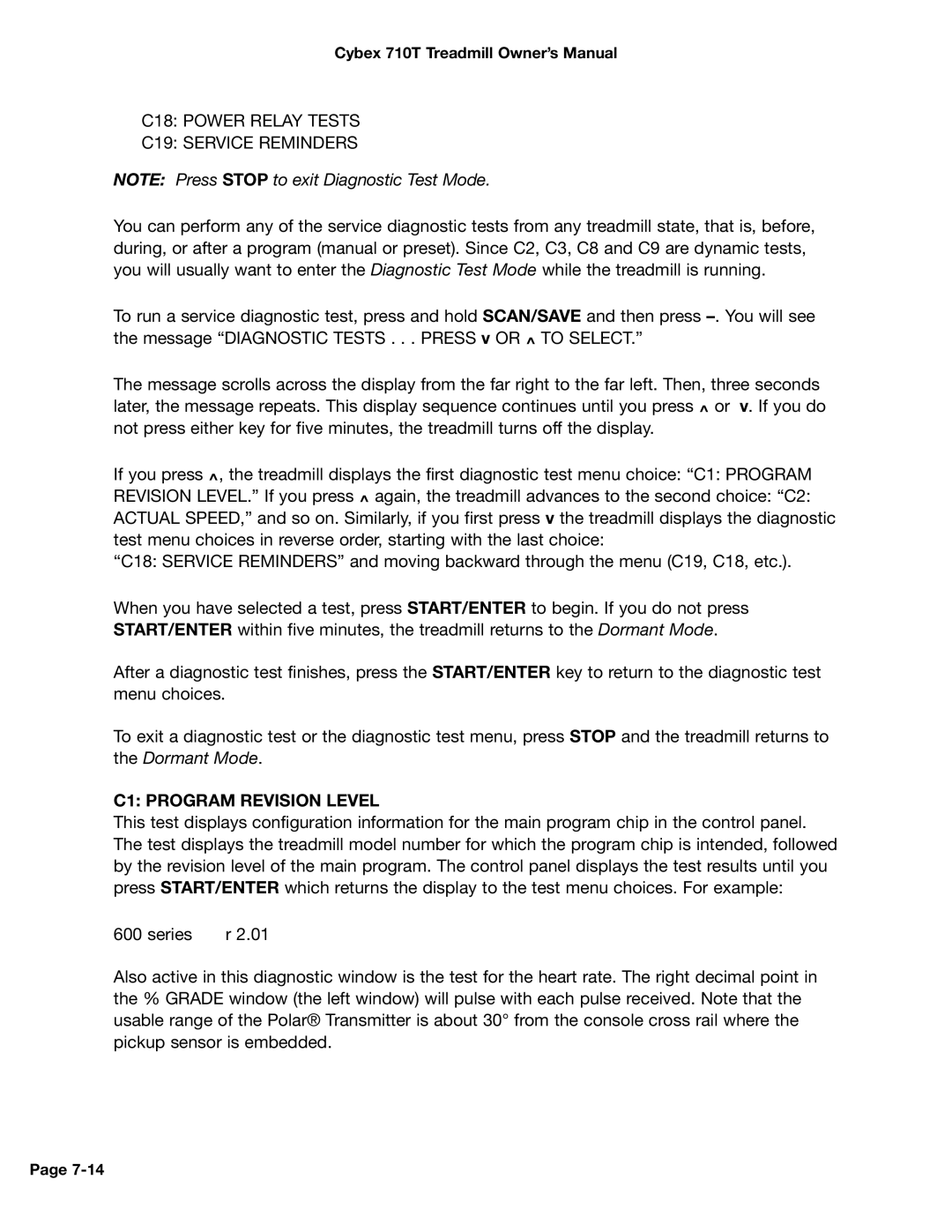 Cybex International 710T, LT-14464-4 Rev H manual C18 Power Relay Tests C19 Service Reminders, C1 Program Revision Level 