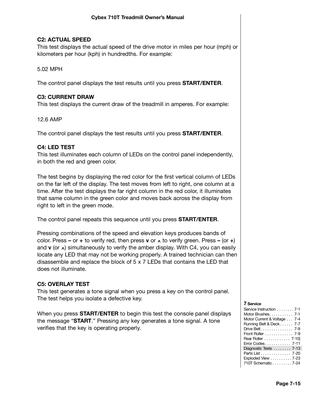 Cybex International LT-14464-4 Rev H, 710T manual C2 Actual Speed, C3 Current Draw, C4 LED Test, C5 Overlay Test 