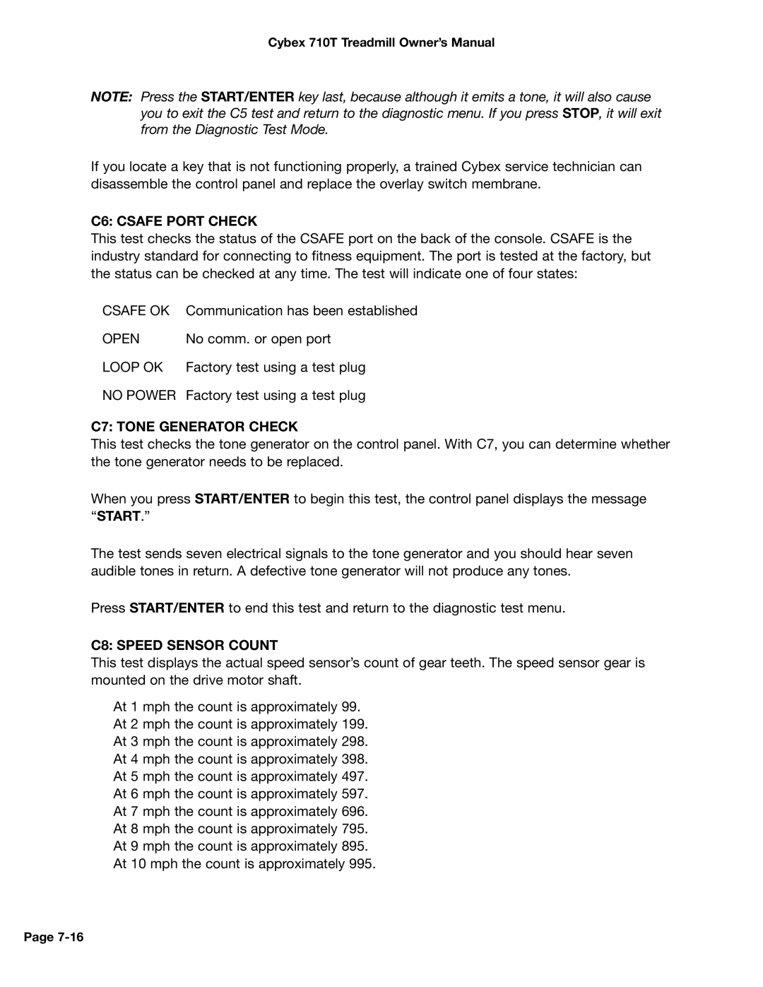 Cybex International 710T, LT-14464-4 Rev H manual C6 Csafe Port Check, C7 Tone Generator Check, C8 Speed Sensor Count 