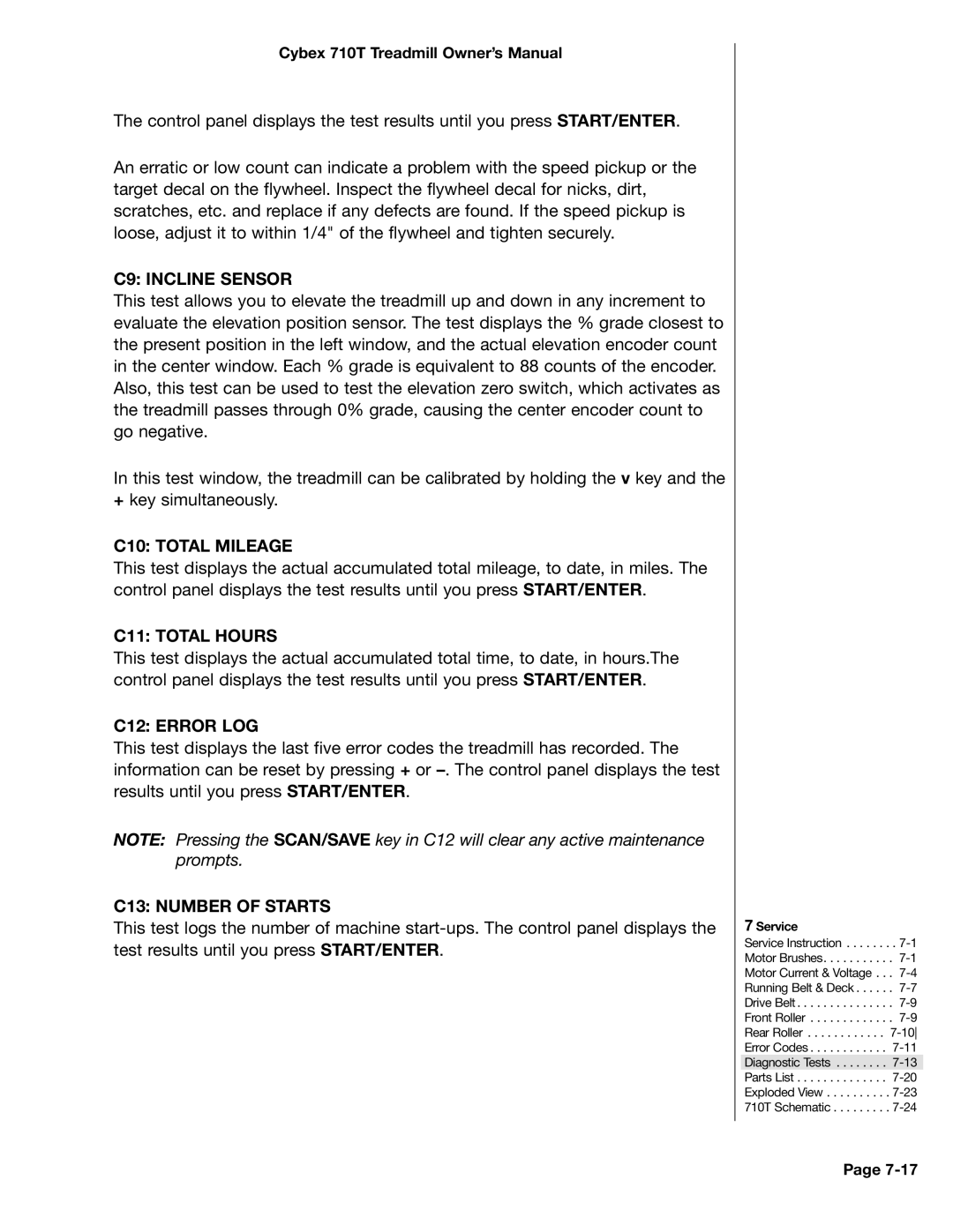 Cybex International LT-14464-4 Rev H, 710T manual C9 Incline Sensor, C10 Total Mileage, C11 Total Hours, C12 Error LOG 