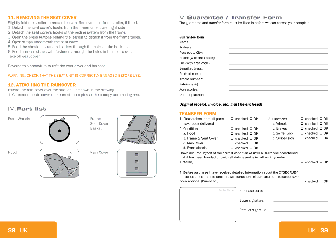 Cybex Strollers CYBEX RUBY manual 38 UK, IV.Part list, Guarantee / Transfer Form, Transfer form 