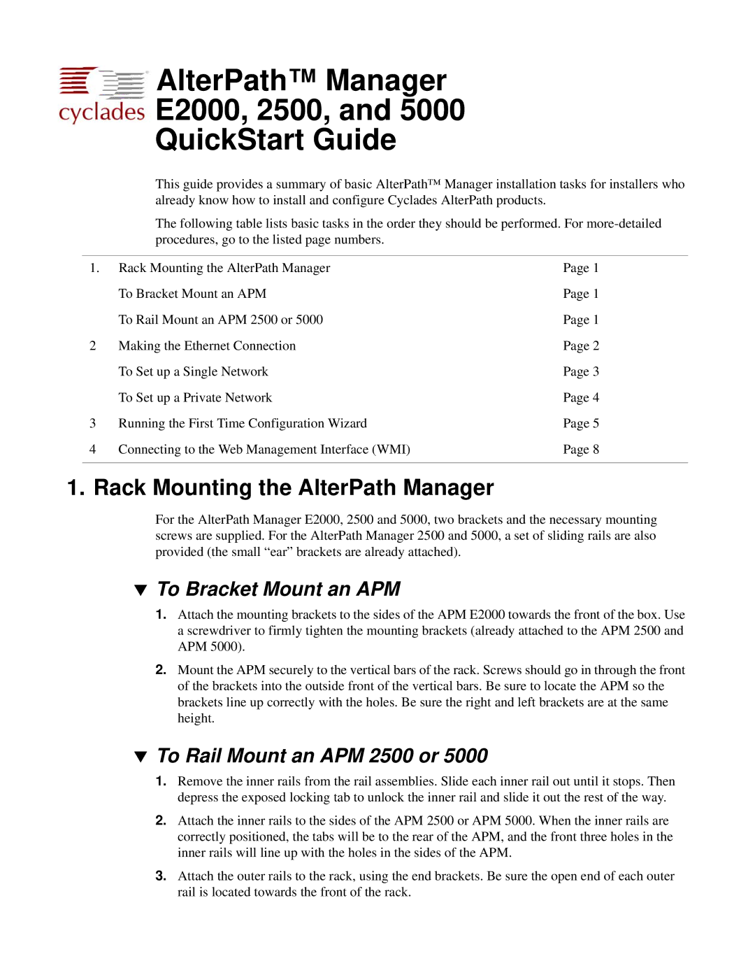 Cyclades 5000 quick start Rack Mounting the AlterPath Manager, To Bracket Mount an APM, To Rail Mount an APM 2500 or 