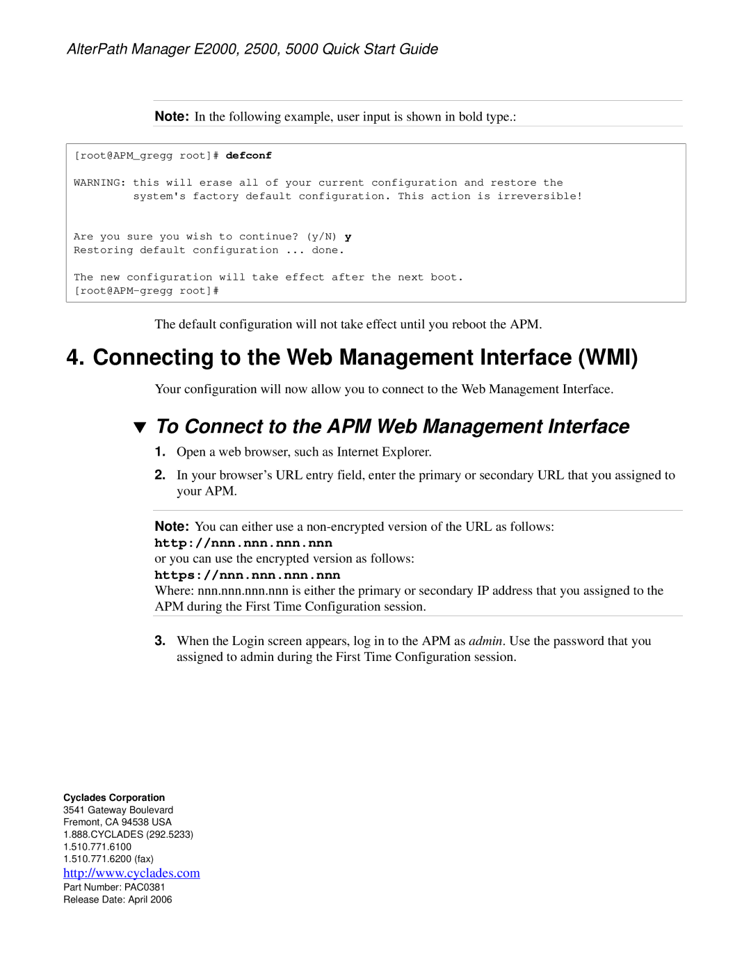 Cyclades 5000, 2500 Connecting to the Web Management Interface WMI, To Connect to the APM Web Management Interface 