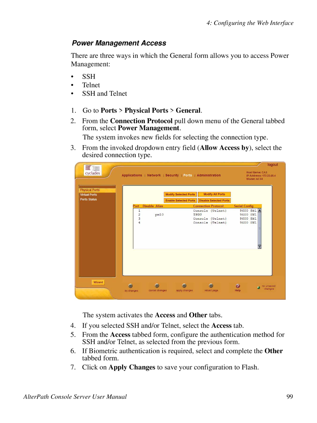 Cyclades 2.3.0, ACS48 user manual Power Management Access, Go to Ports Physical Ports General 