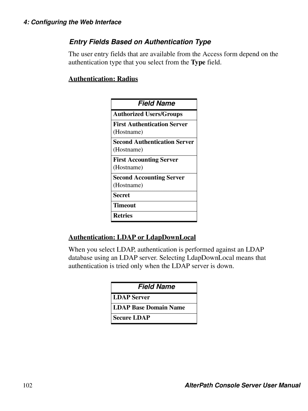 Cyclades ACS48, 2.3.0 user manual Entry Fields Based on Authentication Type, Authentication Radius, Field Name 