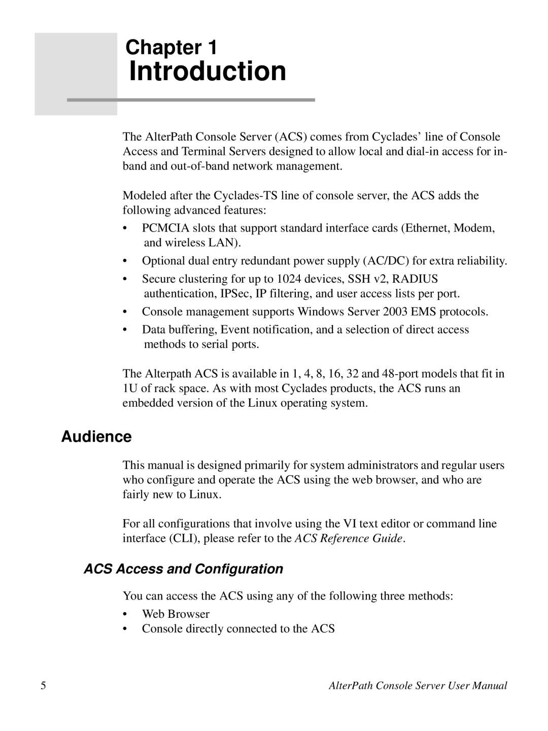 Cyclades 2.3.0, ACS48 user manual Audience, ACS Access and Configuration 