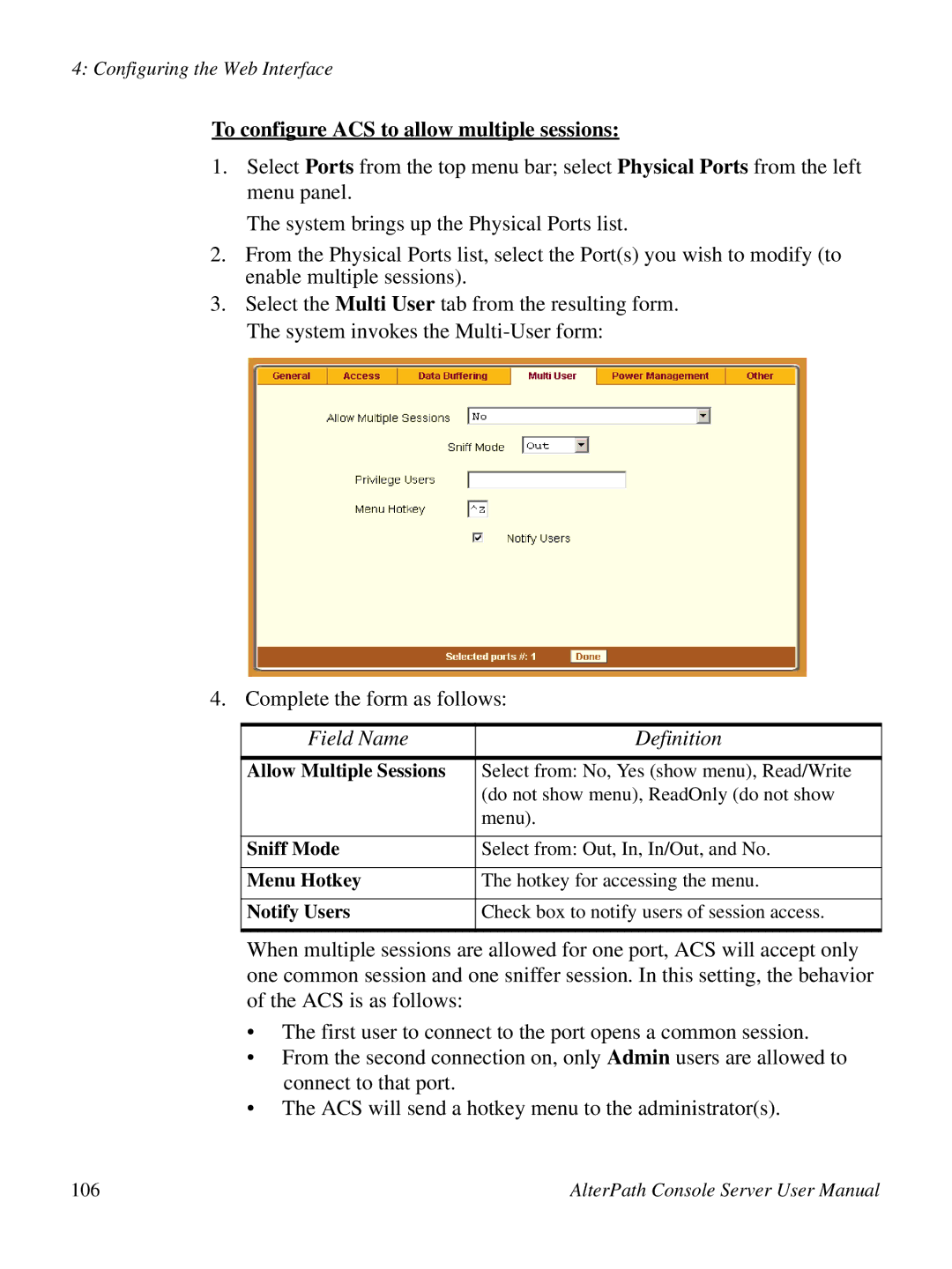 Cyclades ACS48 To configure ACS to allow multiple sessions, Allow Multiple Sessions, Sniff Mode, Menu Hotkey, Notify Users 