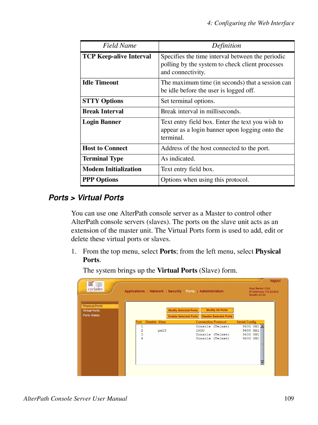 Cyclades 2.3.0, ACS48 user manual Ports Virtual Ports, TCP Keep-alive Interval 