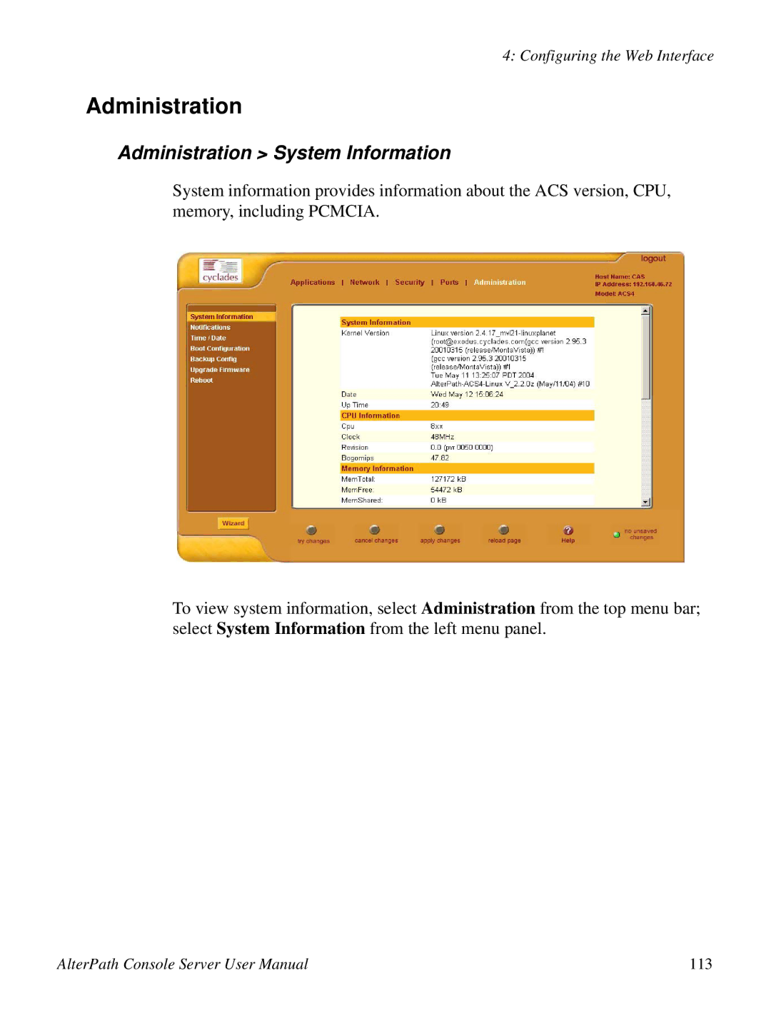 Cyclades 2.3.0, ACS48 user manual Administration System Information 