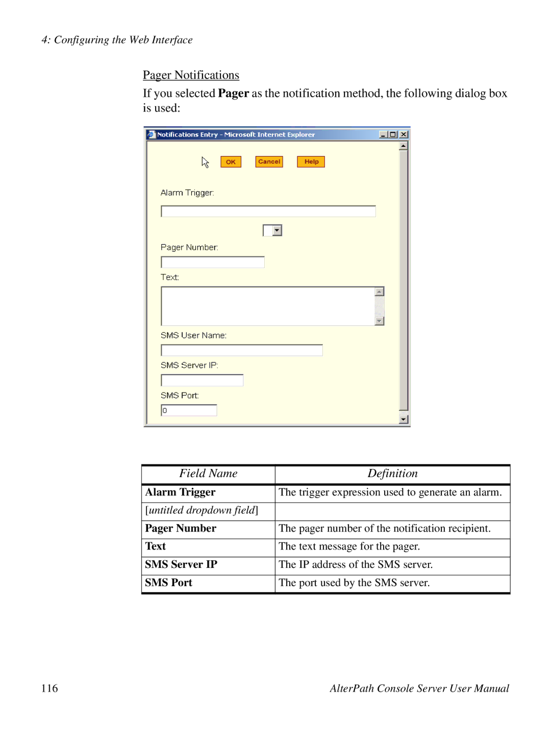 Cyclades ACS48, 2.3.0 user manual Pager Number, Text, SMS Server IP, SMS Port 