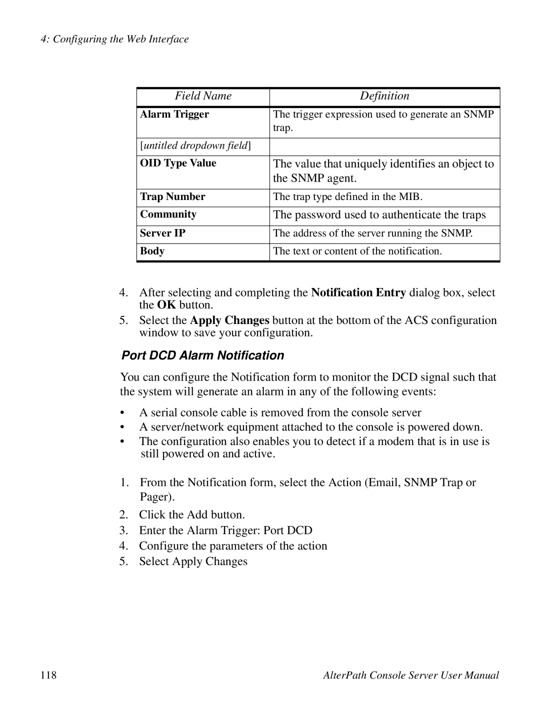 Cyclades ACS48, 2.3.0 user manual Port DCD Alarm Notification, OID Type Value, Trap Number, Server IP, Body 