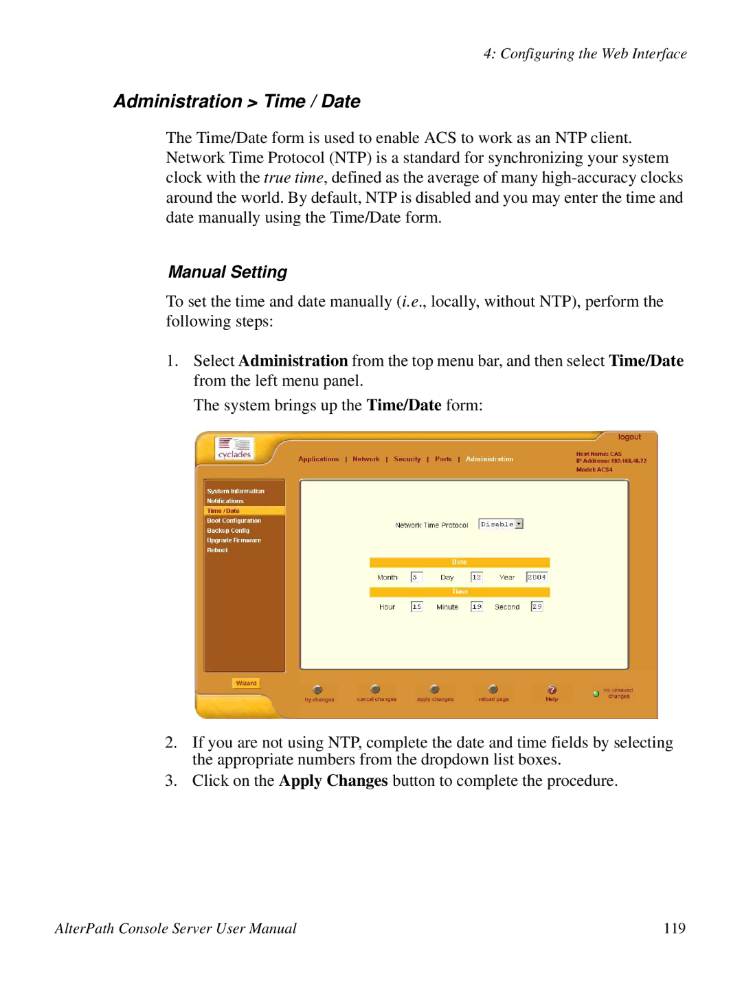 Cyclades 2.3.0, ACS48 user manual Administration Time / Date, Manual Setting 