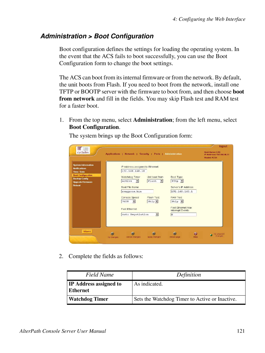 Cyclades 2.3.0, ACS48 user manual Administration Boot Configuration, Field Name Definition 