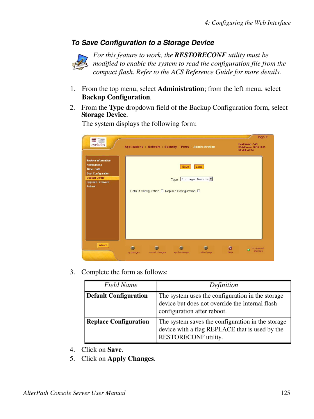 Cyclades 2.3.0, ACS48 user manual To Save Configuration to a Storage Device, Click on Apply Changes, Default Configuration 