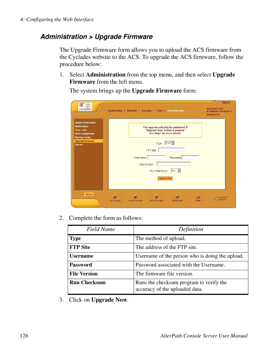 Cyclades ACS48, 2.3.0 user manual Administration Upgrade Firmware, Click on Upgrade Now 