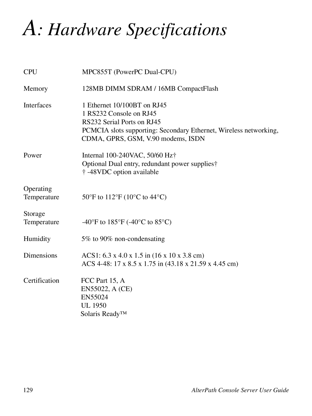 Cyclades 2.3.0, ACS48 user manual Hardware Specifications 