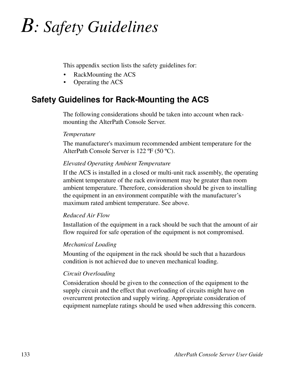 Cyclades 2.3.0, ACS48 user manual Safety Guidelines for Rack-Mounting the ACS 