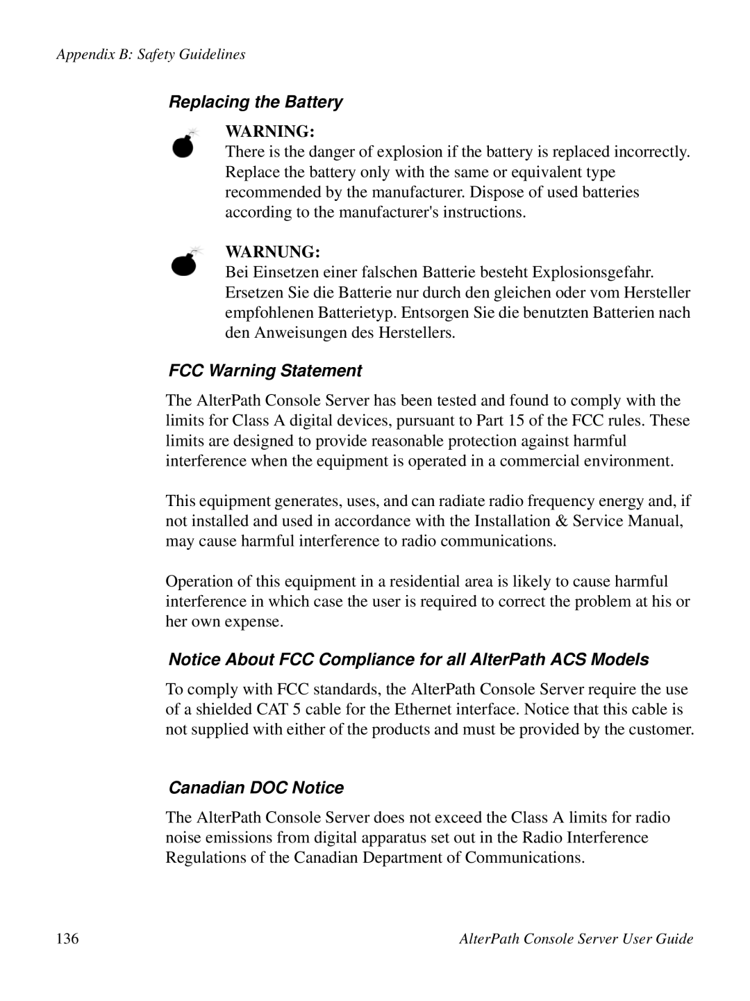 Cyclades ACS48, 2.3.0 user manual Replacing the Battery, Warnung, FCC Warning Statement, Canadian DOC Notice 