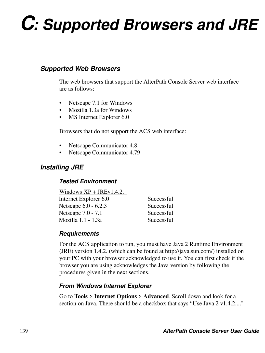 Cyclades 2.3.0 Supported Web Browsers, Installing JRE, Tested Environment, Requirements From Windows Internet Explorer 