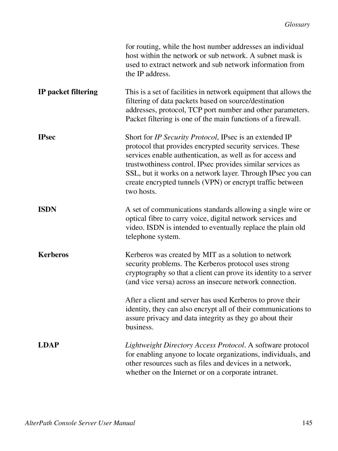 Cyclades 2.3.0, ACS48 user manual IP packet filtering, IPsec, Isdn, Kerberos, Ldap 