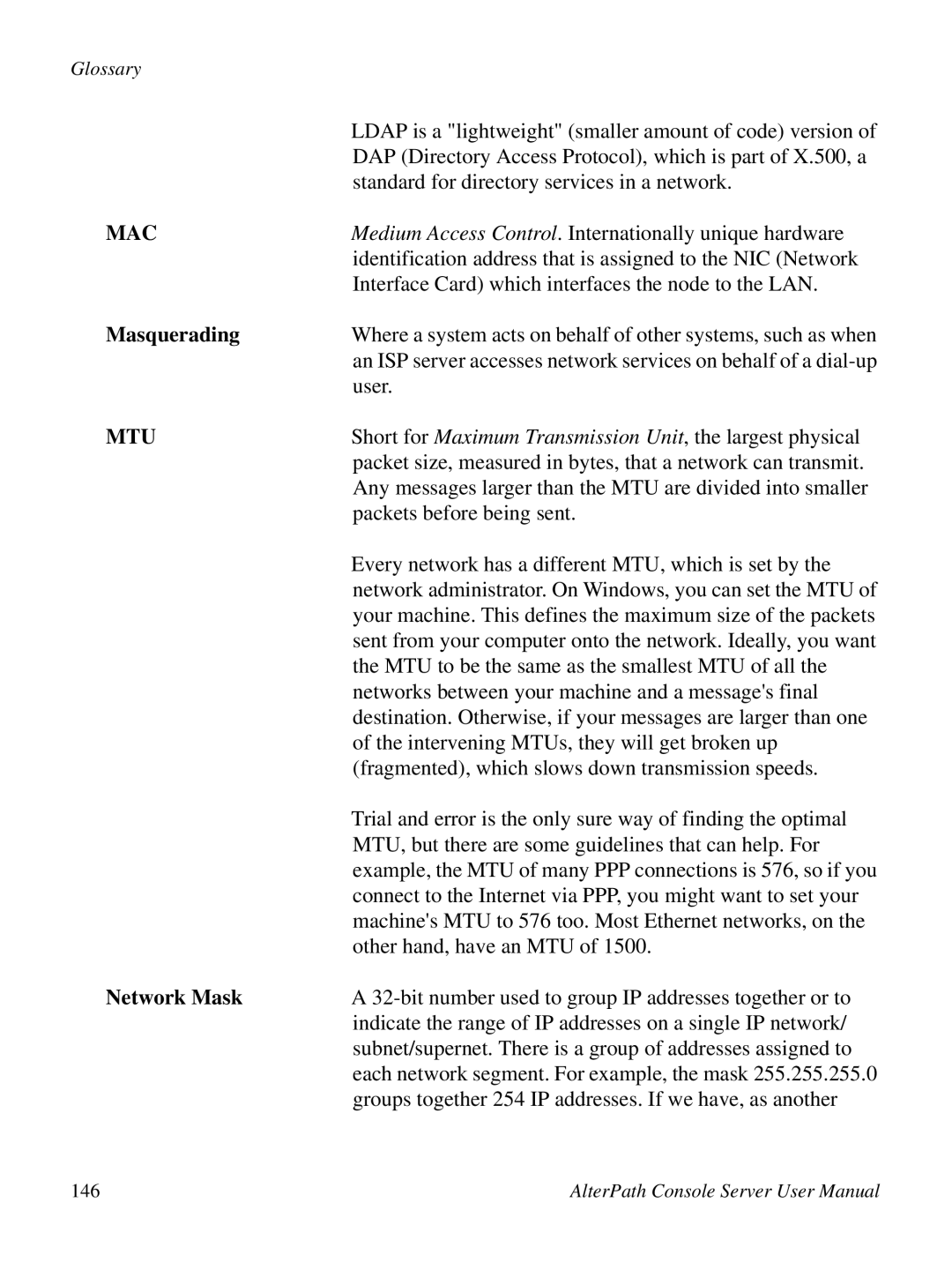 Cyclades ACS48, 2.3.0 user manual Mac, Masquerading, Mtu, Network Mask 