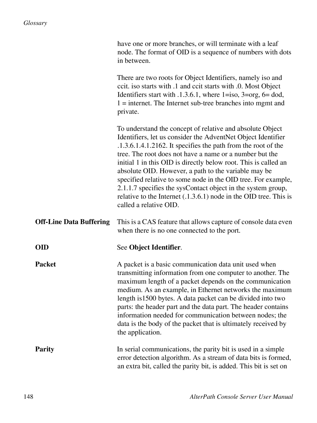 Cyclades ACS48, 2.3.0 user manual Oid, See Object Identifier, Packet, Parity 