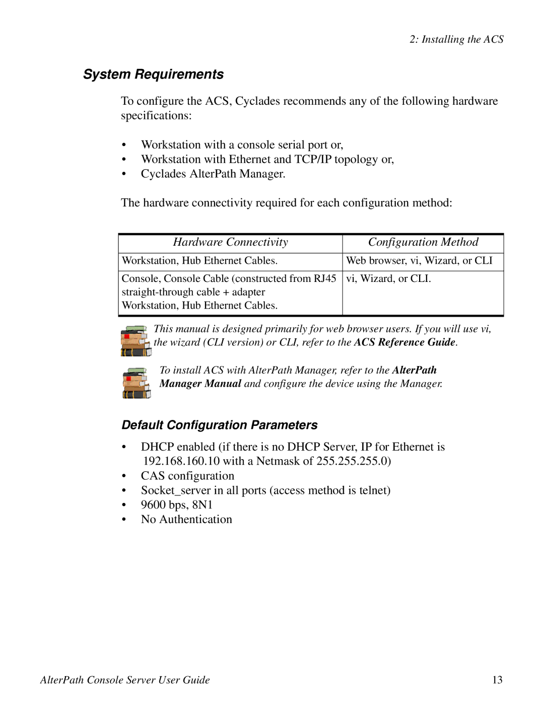 Cyclades 2.3.0, ACS48 System Requirements, Hardware Connectivity Configuration Method, Default Configuration Parameters 